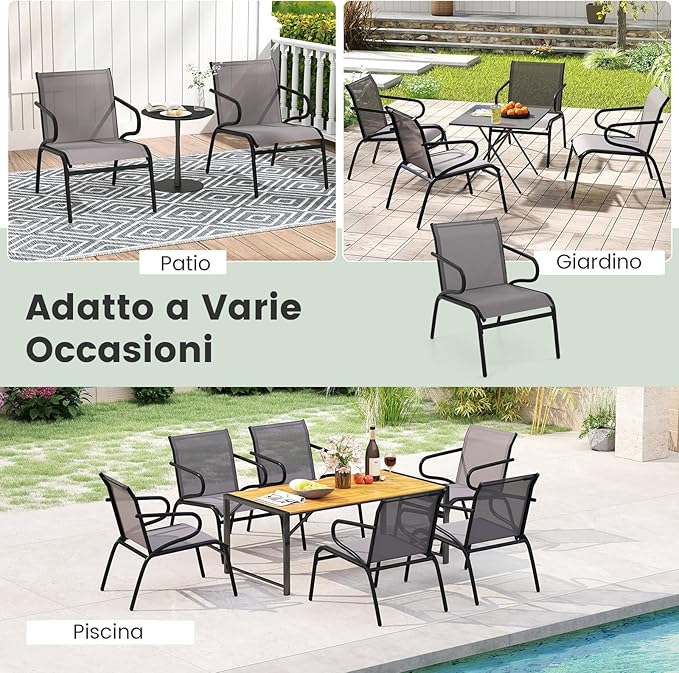 Set di 2 Sedie da Patio con Tessuto Traspirante e Struttura in Metallo, Sedie da Bistro da Esterno con Braccioli, Poltrona per Giardino Terrazza Portico, Portata 150 kg