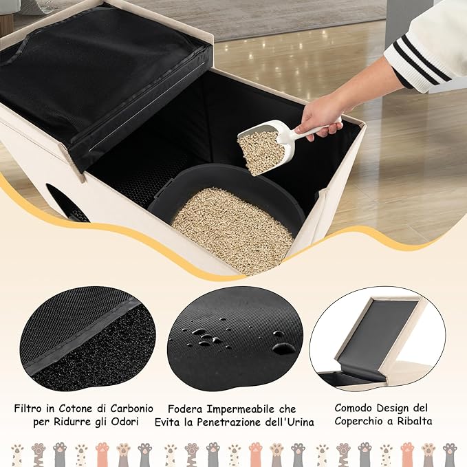 Mobile per Lettiera per Gatti, Panca Portaoggetti con Tappetino Impermeabile e Filtro al Carbone per il Controllo degli Odori e Coperchio Ribaltabile, 90 x 50 x 50 cm(Beige)