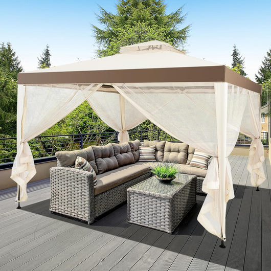 Gazebo da Giardino con Zanzariera 3 x 3 m, Struttura in Acciaio e 4 Tendine Poliestere Laterali (Beige)