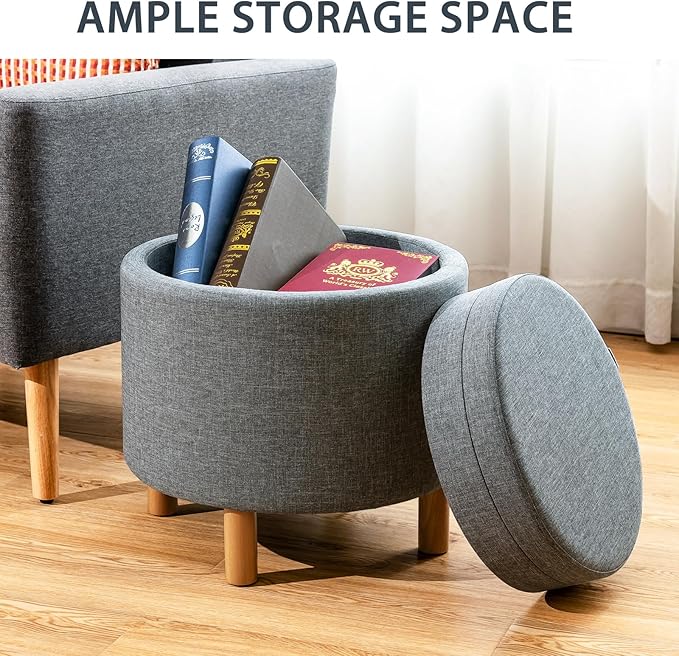 Pouf Rotondo con Contenitore e Vassoio, Poggiapiedi Imbottito con Base in Legno e Piedini Antiscivolo, Tavolino da Caffè per Soggiorno, Camera da Letto (Grigio)