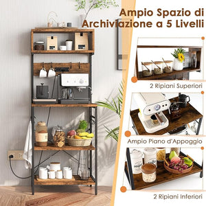 Mensola da Cucina, Supporto per Microonde con Presa Elettrica Ripiani Aperti e 10 Ganci Appendiabiti, Scaffale Multifunzionale per Cucina Soggiorno Bar, 60x42x153 cm