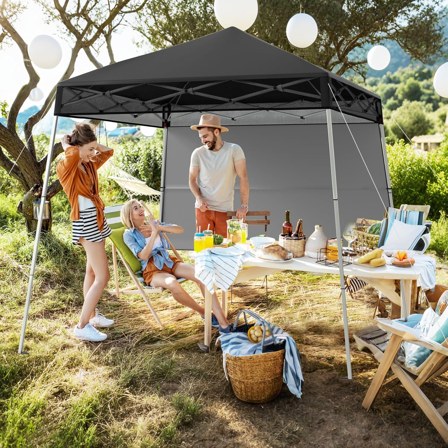 Gazebo Pop-up da Esterno 182 x 182 cm, Gazebo Pieghevole con 1 Parete Laterale, Gambe Inclinabili Regolabili e 4 Picchetti, Tendone Impermeabile per Feste, Campeggio e Picnic (Nero)