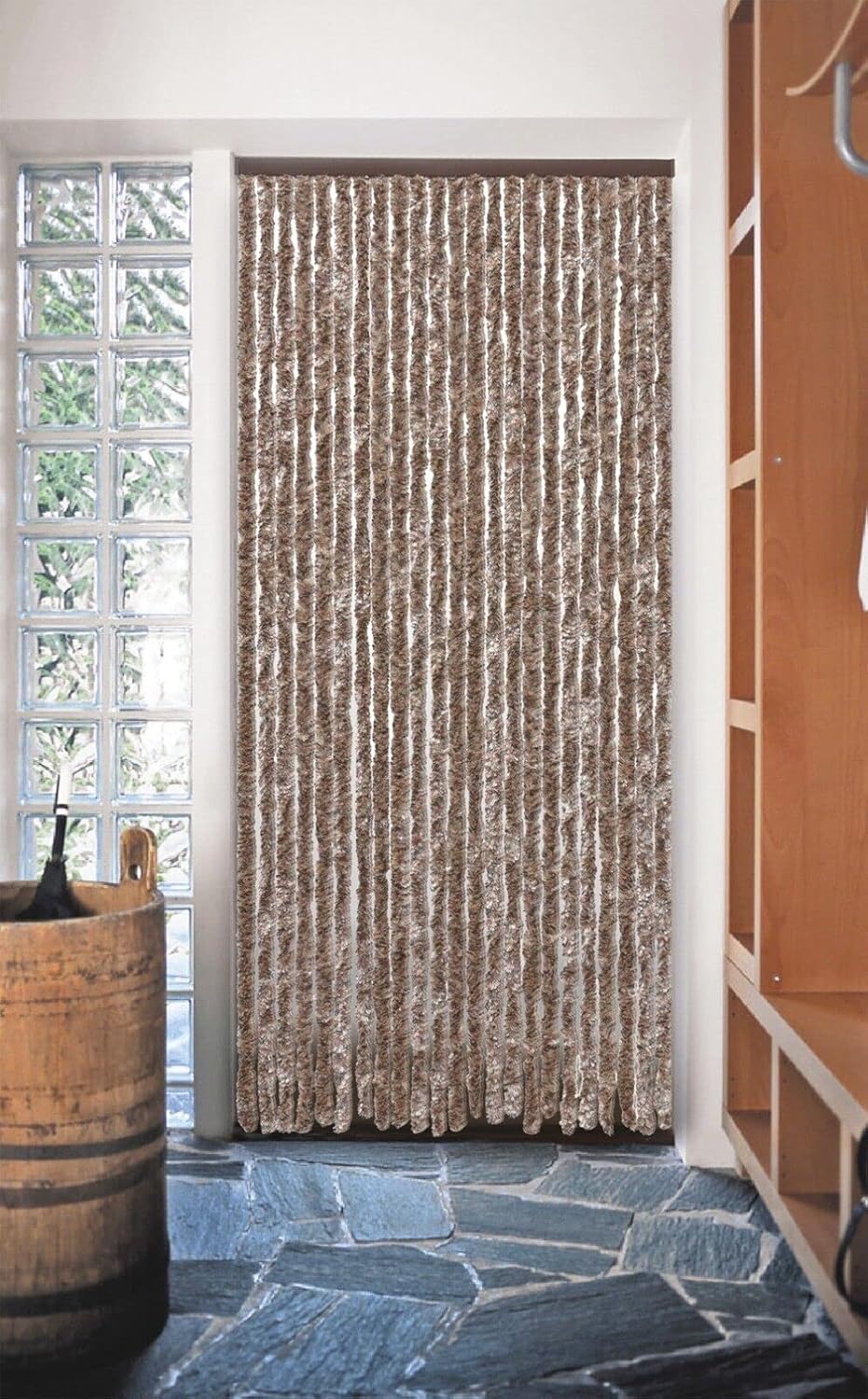 Tenda in Ciniglia 120x230 cm Porta Ingresso ProteggiSole Antimosche Lavabile Regolabile Beige Marrone