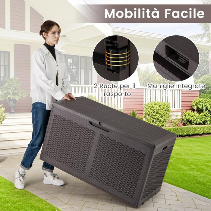 Baule da Esterno 380 L Impermeabile, Cassapanca Contenitore in Rattan con Coperchio Bloccabile e Ruote, Baule Salvaspazio per Mantenere Cuscini e Attrezzi da Interno e Esterno (Marrone)