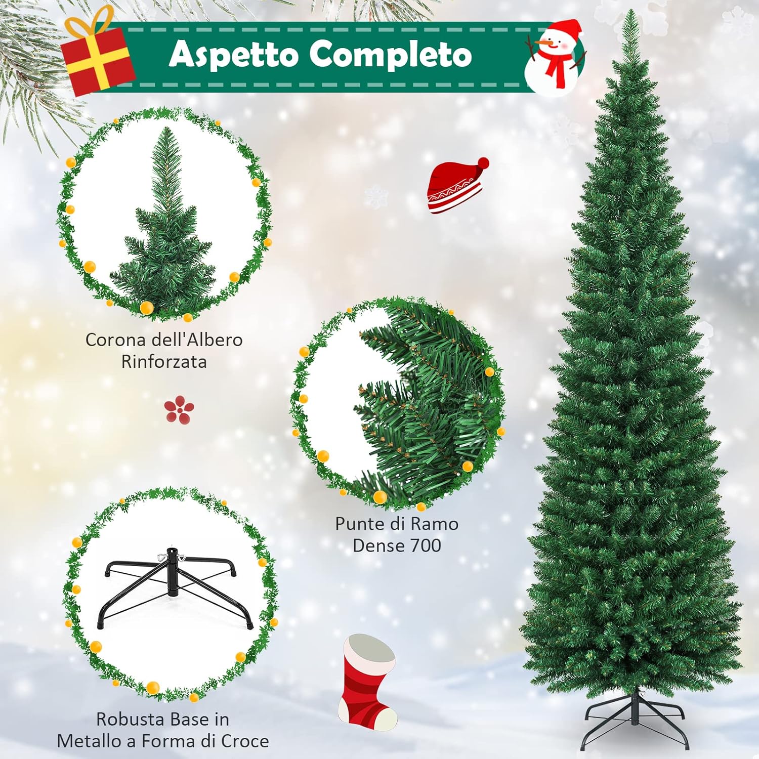 Albero di Natale 150/180/210/240 cm, Albero di Natale Slim con 220/400/700/1000 Rami Folti e Realistici e Base in Metallo, Albero di Natale Artificiale per Casa e Negozio, Verde (210 cm)