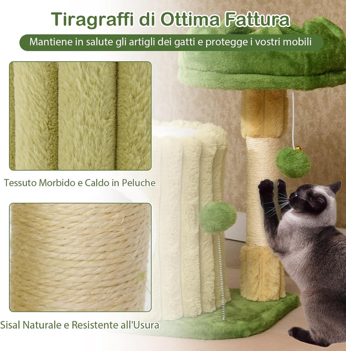 Tiragraffi per Gatti 50 x 41 x 54 cm, Torre Moderno con Pali in Sisal, Piattaforma Imbottita e Pallina Penzolante, Cuccia per Animali Domestici, Verde e Naturale