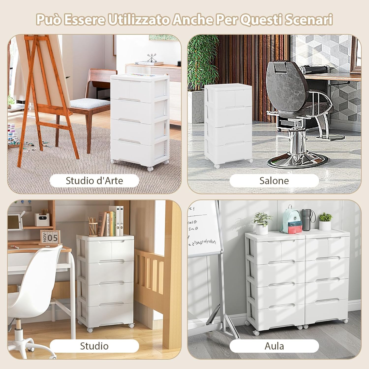 Carrello di Stoccaggio con Ruote, Cassettiera Verticale con Cassetti, Armadietto Contenitore di Stoccaggio, Organizzatore di Plastica per Casa Ufficio (4 cassetti)