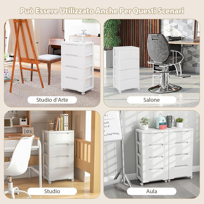 Carrello di Stoccaggio con Ruote, Cassettiera Verticale con Cassetti, Armadietto Contenitore di Stoccaggio, Organizzatore di Plastica per Casa Ufficio (4 cassetti)