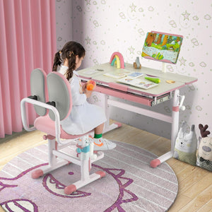 Scrivania per Bambini, Tavolo per Studenti con Regolabile in Altezza, con Piano Ribaltabile, Libreria, Cassetti e Righello di Misurazione, Ergonomica, Ideale per Bambini 3-12 Anni (Pink)