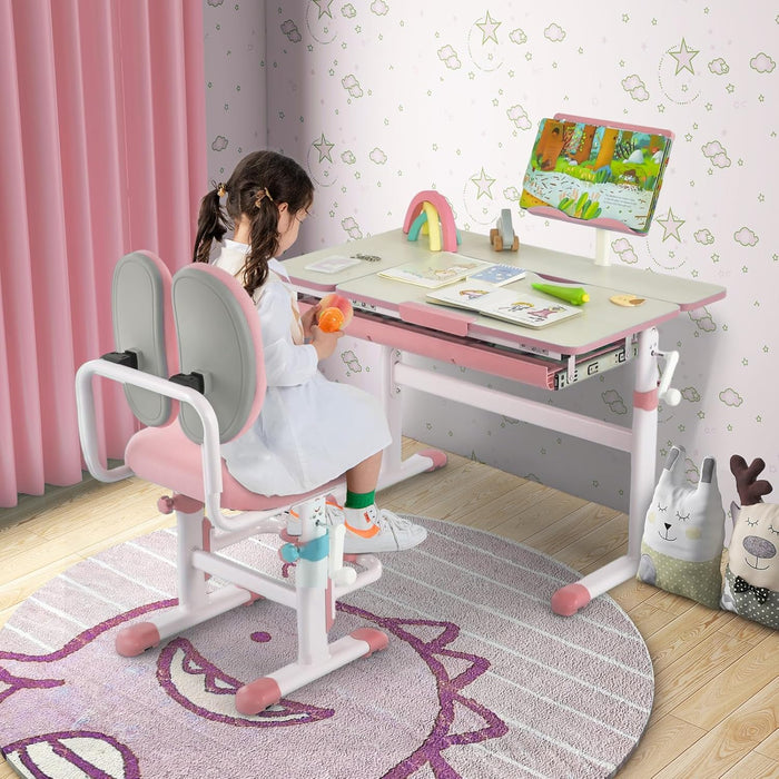 Scrivania per Bambini, Tavolo per Studenti con Regolabile in Altezza, con Piano Ribaltabile, Libreria, Cassetti e Righello di Misurazione, Ergonomica, Ideale per Bambini 3-12 Anni (Pink)