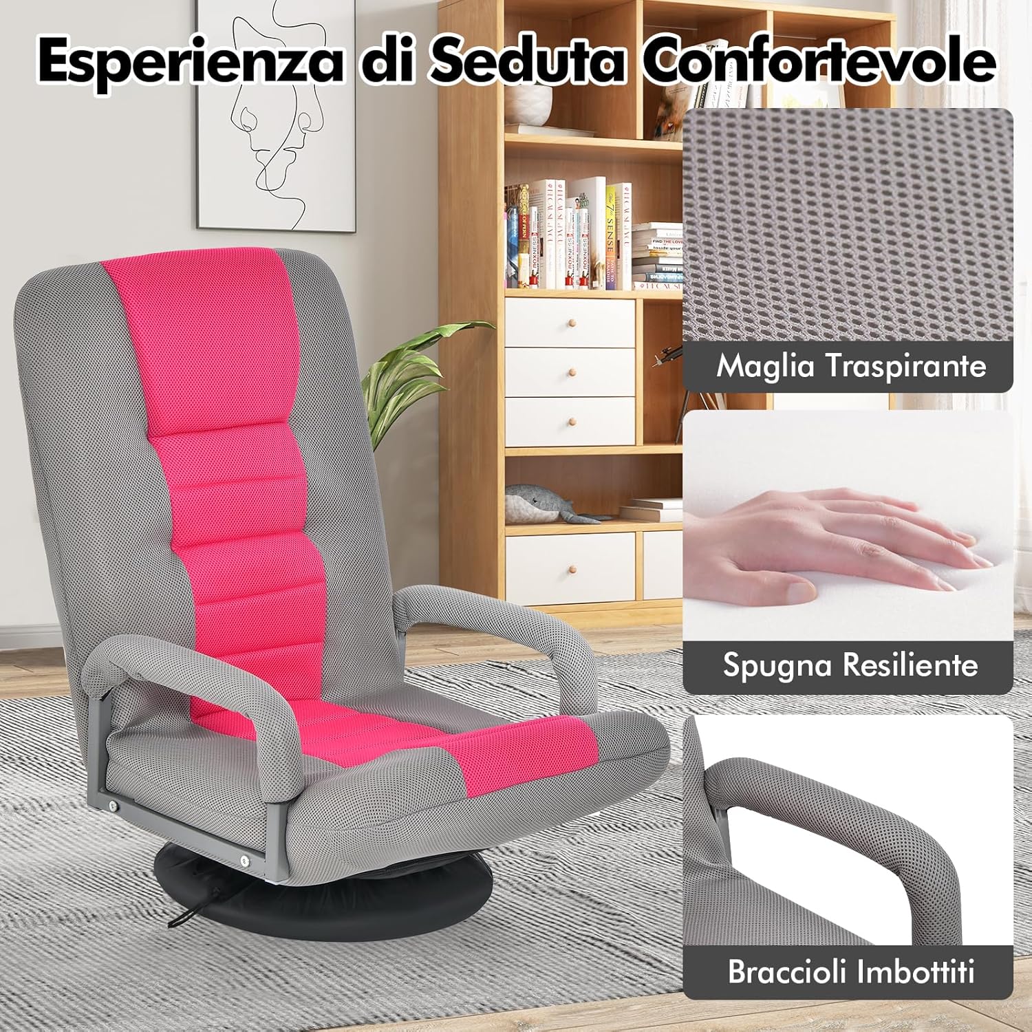 Sedia da Pavimento Pieghevole, Poltrona Sedia da Yoga per Meditazione, Portatile Inclinabile Girevole, da Salotto Camera da Letto (Rosa e grigio)