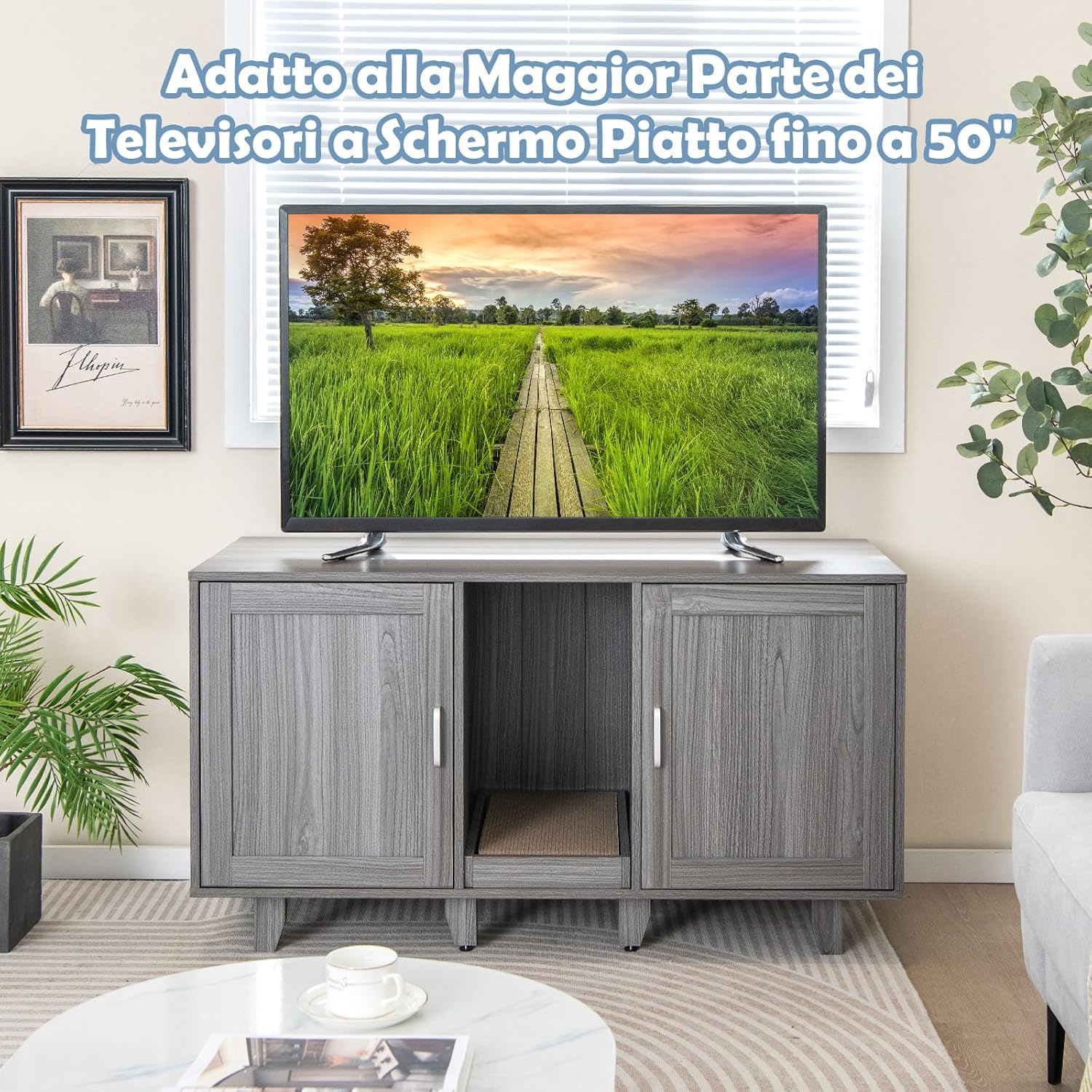 Mobile per Lettiera per Gatti 120 x 52 x 65 cm, Casetta per Gatti con 2 Ante, Fori, Tiragraffi e Gambe Staccabili, Mobile Versatile e Moderno per Salotto (Quercia grigia)