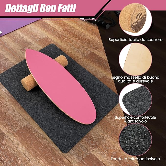 Balance Board in Legno, Tavola di Equilibrio con Rullo e Tappetino per Allenamento Skateboard Hockey Snowboard Surfing, Attrezzi 3 in 1 per Esercizi Equilibrio e Tonificazione Core