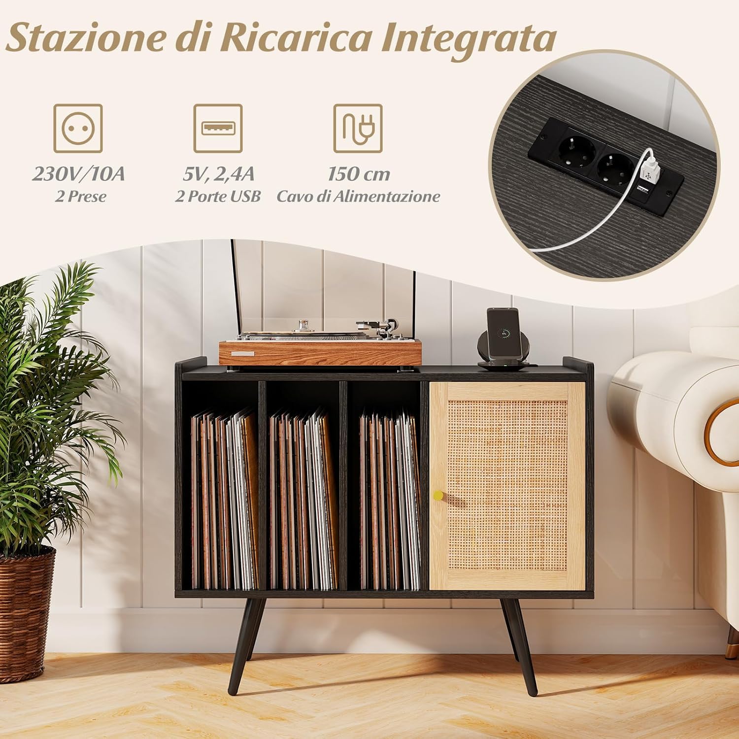 Supporto per Giradischi con Stazione di Ricarica, Credenza per Giradischi con Armadietto di Rattan, Mensole Regolabile, per 220 Album, Mobile Cucina Salvaspazio per Vinile (Nero)