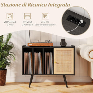Supporto per Giradischi con Stazione di Ricarica, Credenza per Giradischi con Armadietto di Rattan, Mensole Regolabile, per 220 Album, Mobile Cucina Salvaspazio per Vinile (Nero)