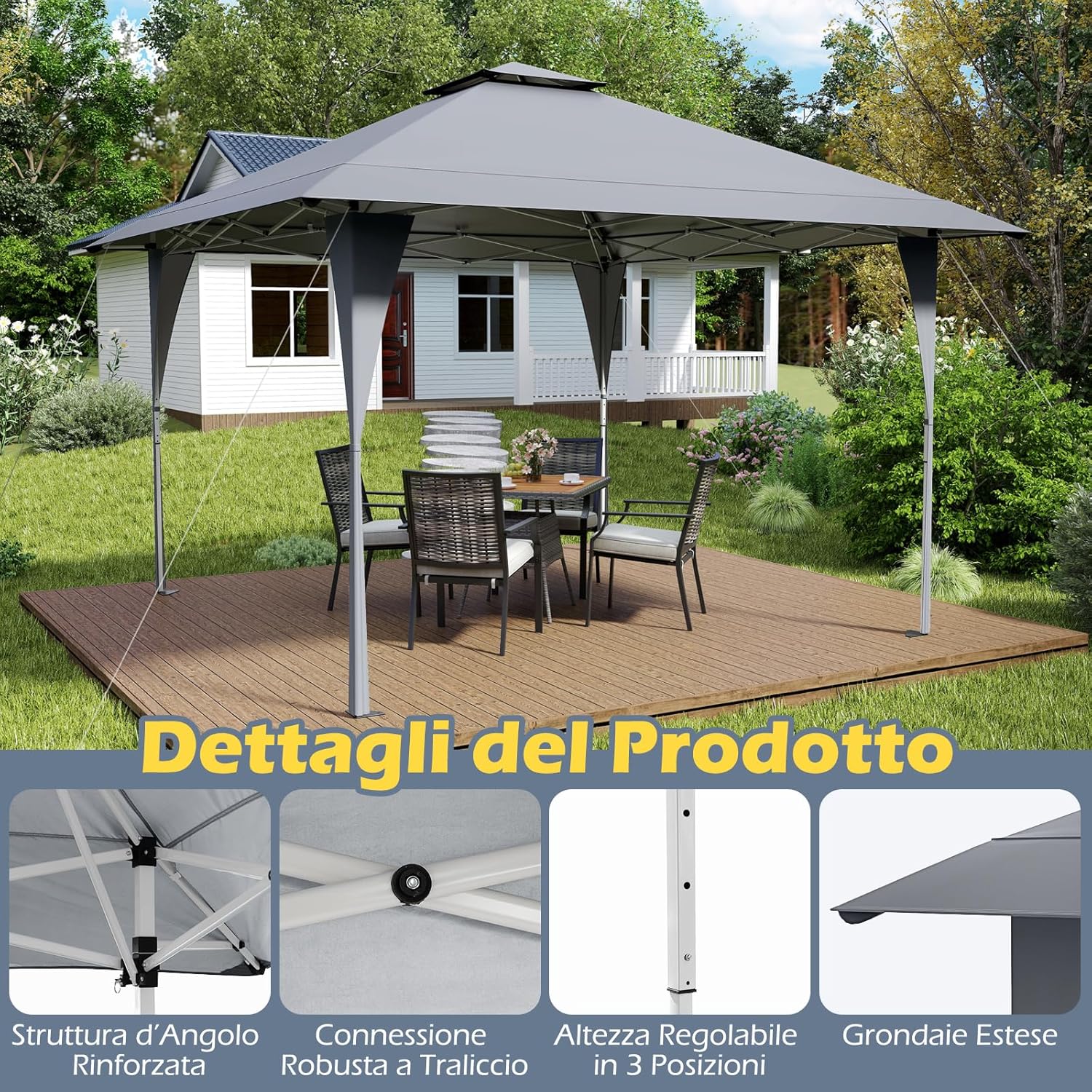 Tenda Pop-up Esterno 4x4 m Doppio Tetto, Gazebo da Giardino Altezza Regolabile con Fori di Drenaggio, Tenda da Giardino Antivento Facile da Montare con Borsa di Trasporto (Grigio)