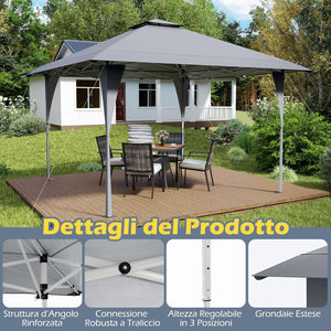 Tenda Pop-up Esterno 4x4 m Doppio Tetto, Gazebo da Giardino Altezza Regolabile con Fori di Drenaggio, Tenda da Giardino Antivento Facile da Montare con Borsa di Trasporto (Grigio)