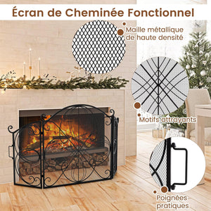 Pare Feu Cheminée Pliable 3 Panneaux, Écran de Cheminée en Fer Forgé, 151 x 83 cm, Pare-étincelles en Maille Design Fleur, Aucun assemblage, Grille de Protection pour Poêle