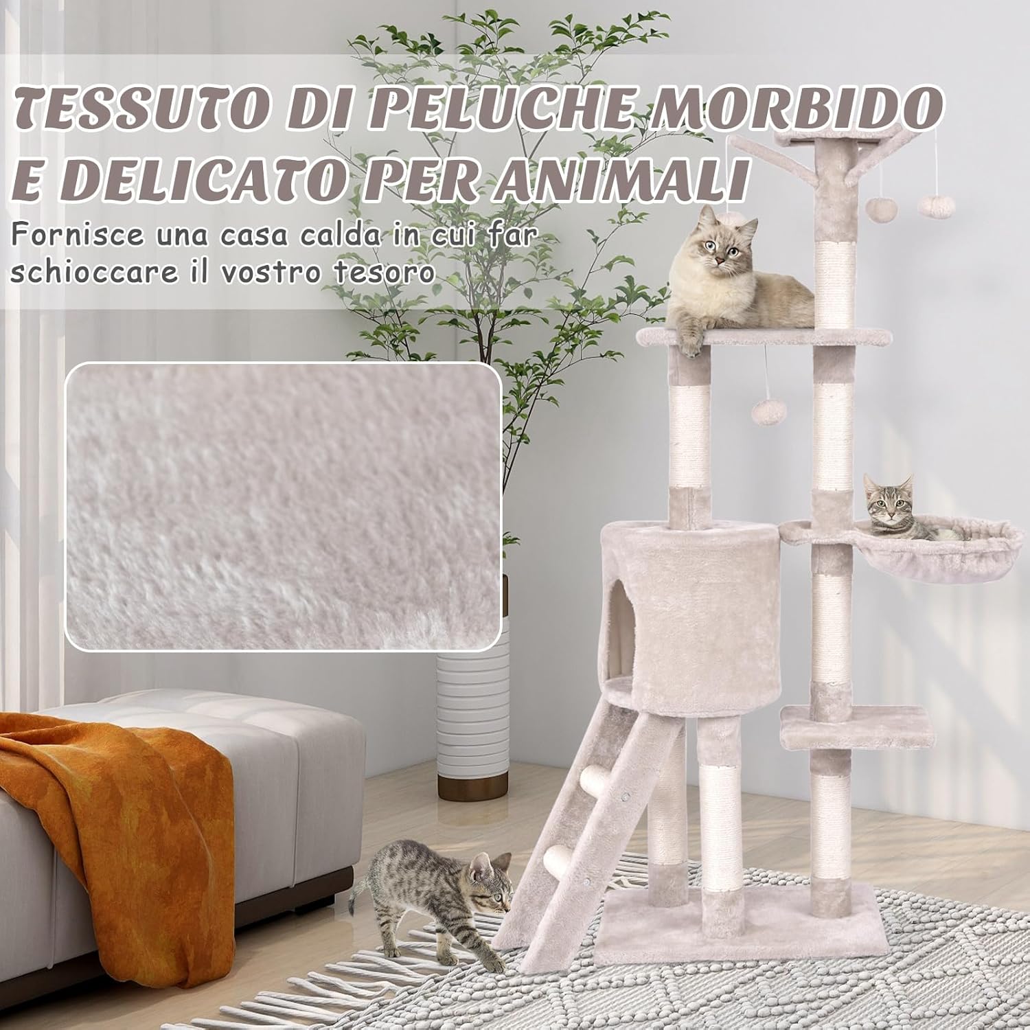 Tiragraffi per Gatti Alto 140 cm, Albero Tiragraffi Gatto con Tiragraffi in Sisal, Cesto, Piattaforma, Scala e Palline Pendenti, Torre Multi-Livello per Gatti da Interno