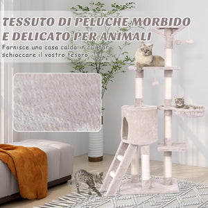 Tiragraffi per Gatti Alto 140 cm, Albero Tiragraffi Gatto con Tiragraffi in Sisal, Cesto, Piattaforma, Scala e Palline Pendenti, Torre Multi-Livello per Gatti da Interno