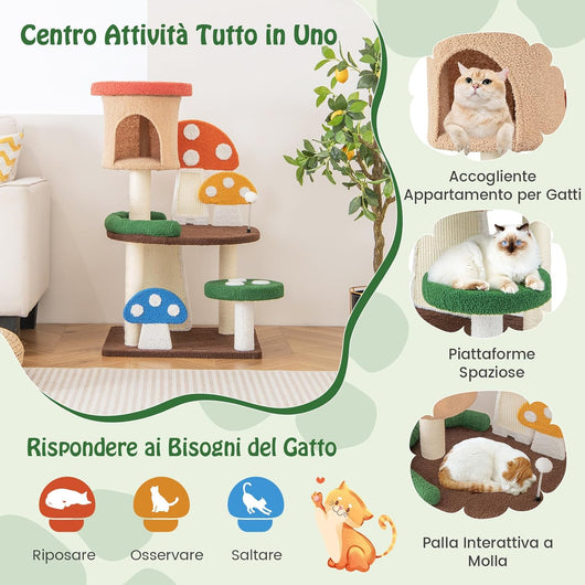 Albero per Gatti a Fungo 4-in-1, Torre Multi-Livello per Gatti con Condo, Piattaforma e Palla a Molla, Centro Attività per Gattini con Pali in Sisal e Tiragraffi