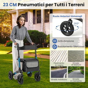 Deambulatore Pieghevole per Anziani in Alluminio, Rollator Regolabile in Altezza con Seduta, Schienale e Freni, Girello per Anziani con Borsetta, Carico Massimo 140 kg (Blu)