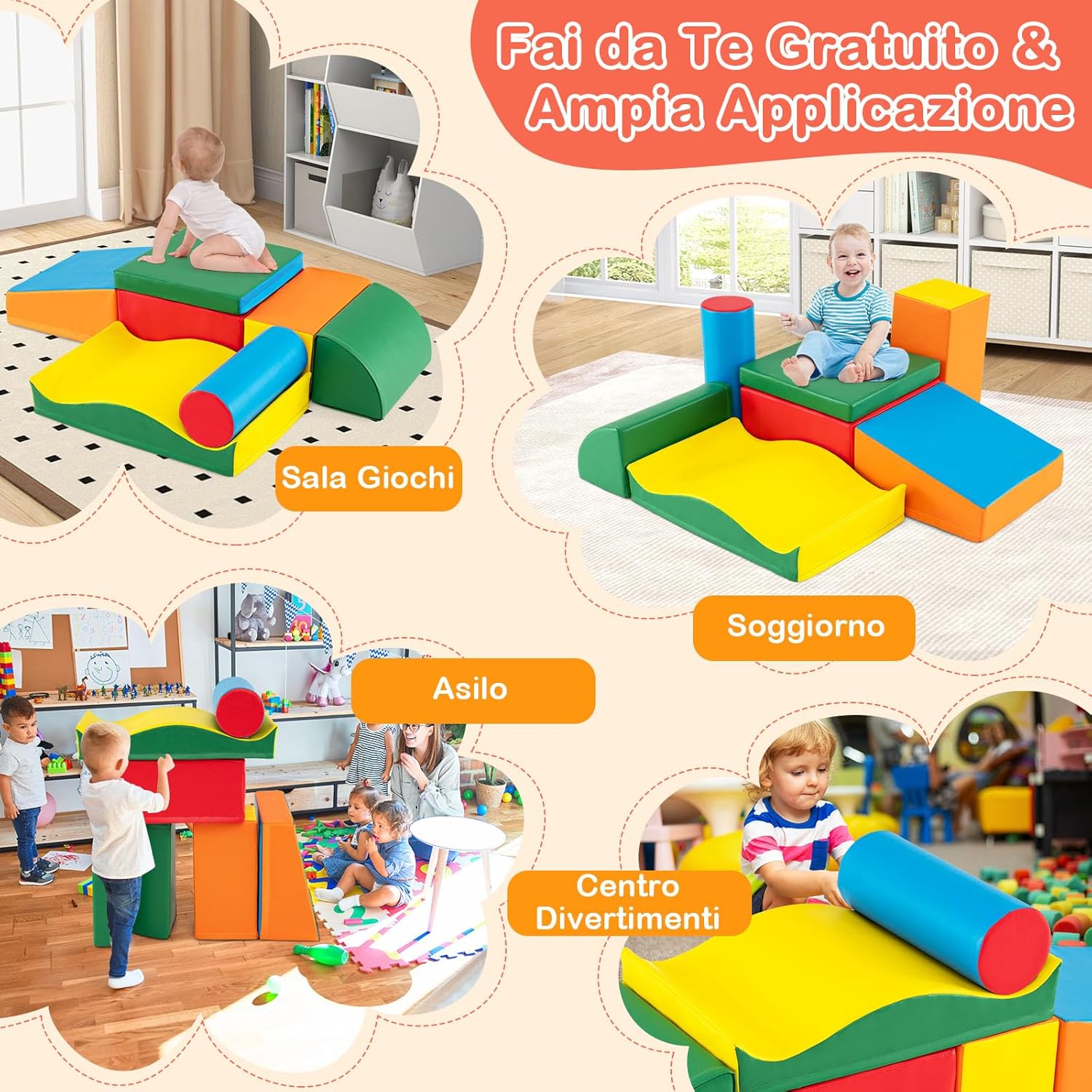 Set 7 Blocchi in Schiuma per Bambini, Set Gioco da Arrampicata con Rivestimento Rimovibile in Pelle Artificiale, Blocchi di Costruzione Morbidi per Bambini da Interno, Multi-Colore