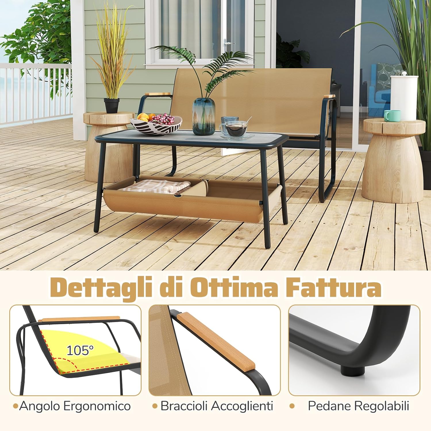 Set Tavolo e Panca da Giardino, Tavolino da Caffè con 2 Scomparti di Stoccaggio, Set Bistro da Esterno in Metallo, per Balcone Veranda, Pancha Portata 300 kg, Tavolo Portata 80 kg