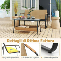 Set Tavolo e Panca da Giardino, Tavolino da Caffè con 2 Scomparti di Stoccaggio, Set Bistro da Esterno in Metallo, per Balcone Veranda, Pancha Portata 300 kg, Tavolo Portata 80 kg