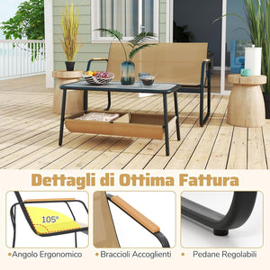 Set Tavolo e Panca da Giardino, Tavolino da Caffè con 2 Scomparti di Stoccaggio, Set Bistro da Esterno in Metallo, per Balcone Veranda, Pancha Portata 300 kg, Tavolo Portata 80 kg
