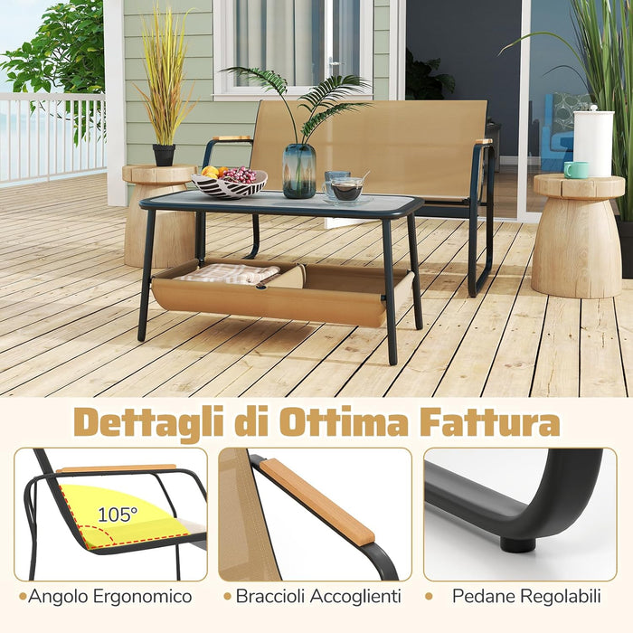 Set Tavolo e Panca da Giardino, Tavolino da Caffè con 2 Scomparti di Stoccaggio, Set Bistro da Esterno in Metallo, per Balcone Veranda, Pancha Portata 300 kg, Tavolo Portata 80 kg