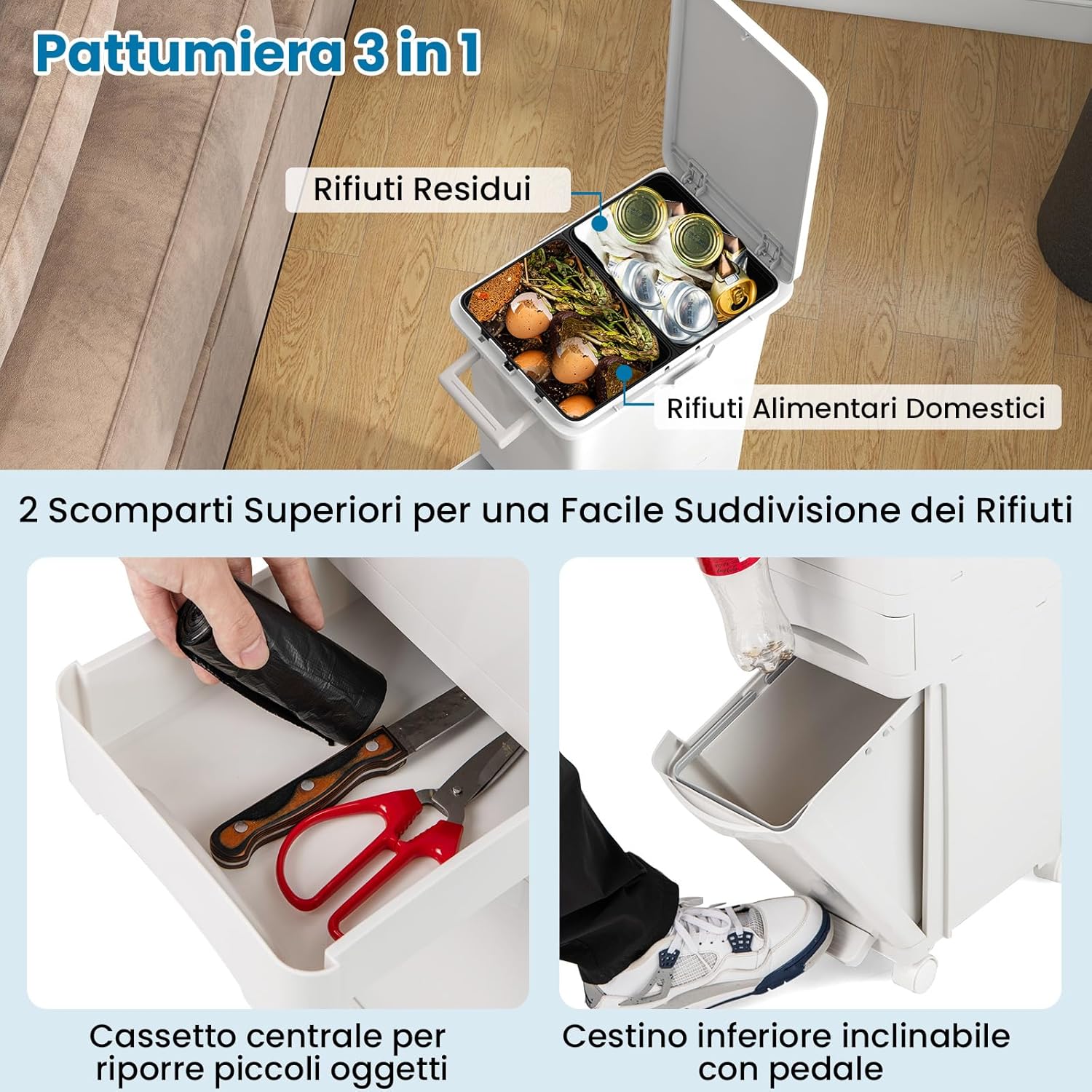 3 in 1 Pattumiera 32L, Cestino per Rifiuti con 2 Cassetti, 2 Scomparti Superiori e Adesivi, Pattumiera in Plastica a Pedale per Cucina Sala da Pranzo Soggiorno, 40x26x84 cm