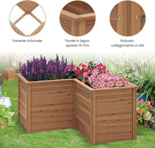 Letto Rialzato da Giardino in Legno, Fioriera da Esterno a Forma di L con Base Aperta, Aiuola per Frutto, Erbe, Verdure e Fiori da Blacone, Cortile e Prato, 120 x 120 x 63 cm (Marrone)