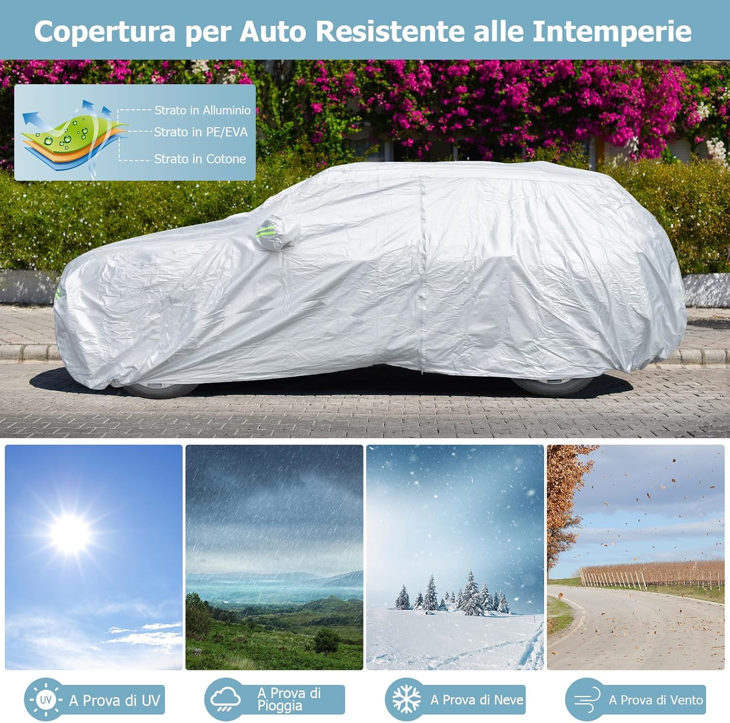 Copertura Auto con Porta a Zip, Serratura, Copertura per Auto con Strisce Riflettenti, Copertura Universale per Esterni per Auto (492 X 191 X 154 cm)