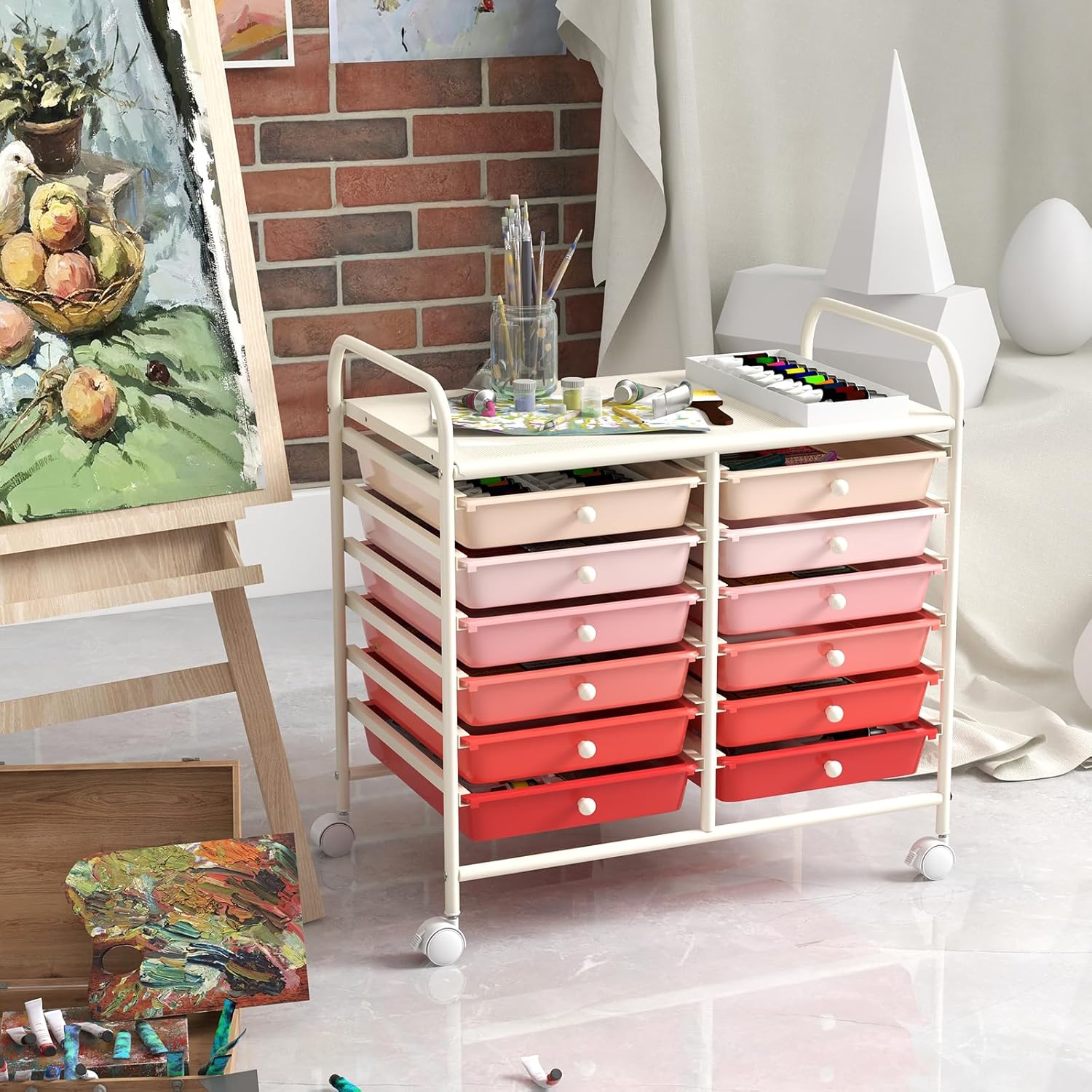 Carrello di Stoccaggio con 12 Cassetti, Carrello portaoggetti con 4 Ruote, Carrello Multiuso per Scuola Ufficio Cucina, 64 x 38 x 62 cm (12 cassetti Rosa sfumato)