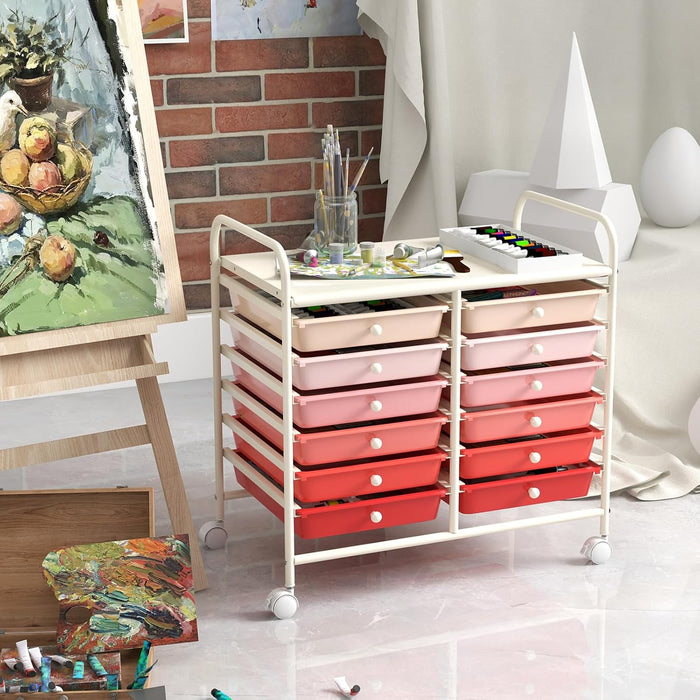 Carrello di Stoccaggio con 12 Cassetti, Carrello portaoggetti con 4 Ruote, Carrello Multiuso per Scuola Ufficio Cucina, 64 x 38 x 62 cm (12 cassetti Rosa sfumato)