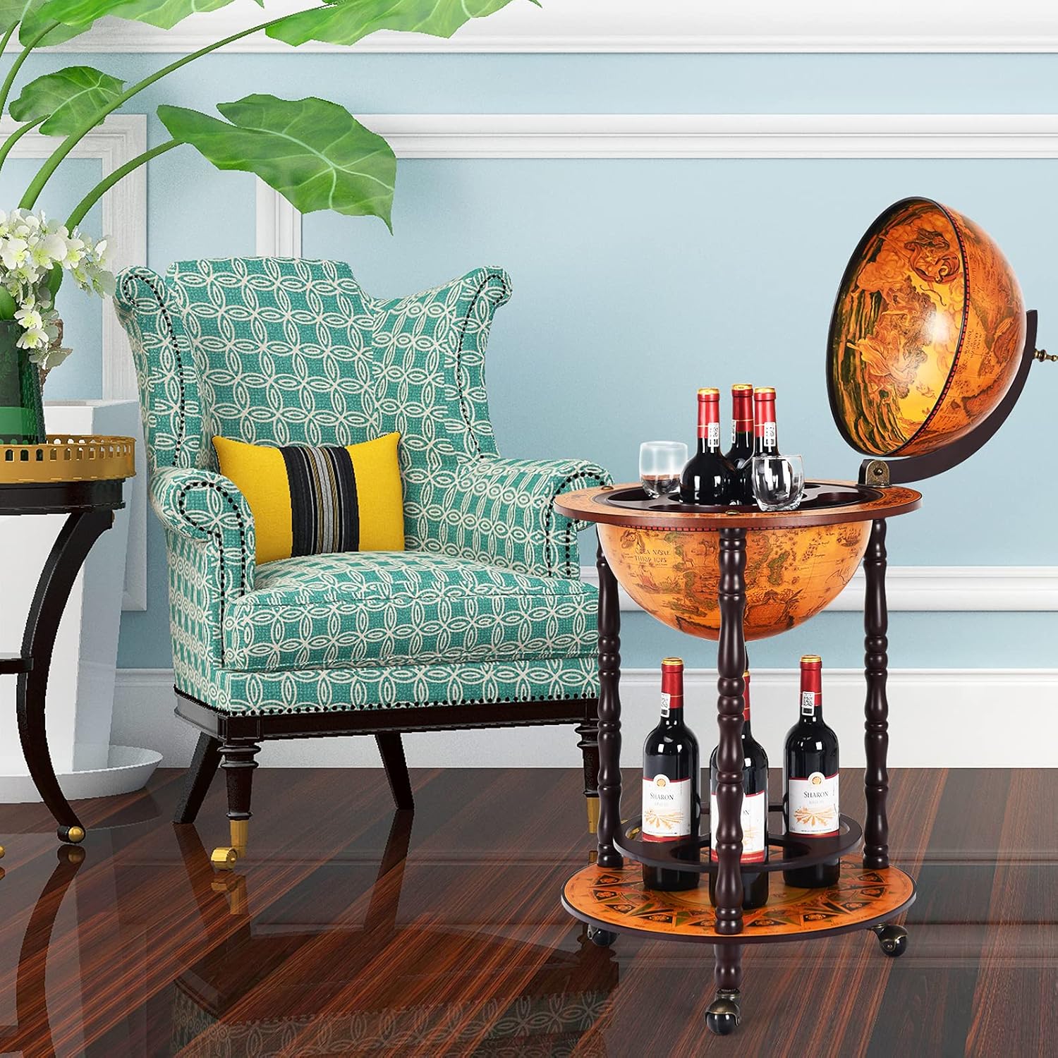 Mappamondo Bar con Ruote Mobile Porta Liquori, con Stile retrò, 88 x 45 x 45cm (Marrone 47 x 47 x 90 cm)