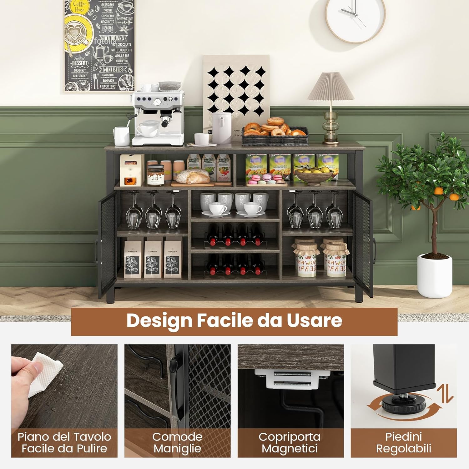 Mobiletto Portabottiglie, Credenza Cucina con Porta Bottiglie di Vino, Mensola Aperta, per Soggiorno, Cucina, Bar, 140 x 40 x 82,5 cm (Grigio)