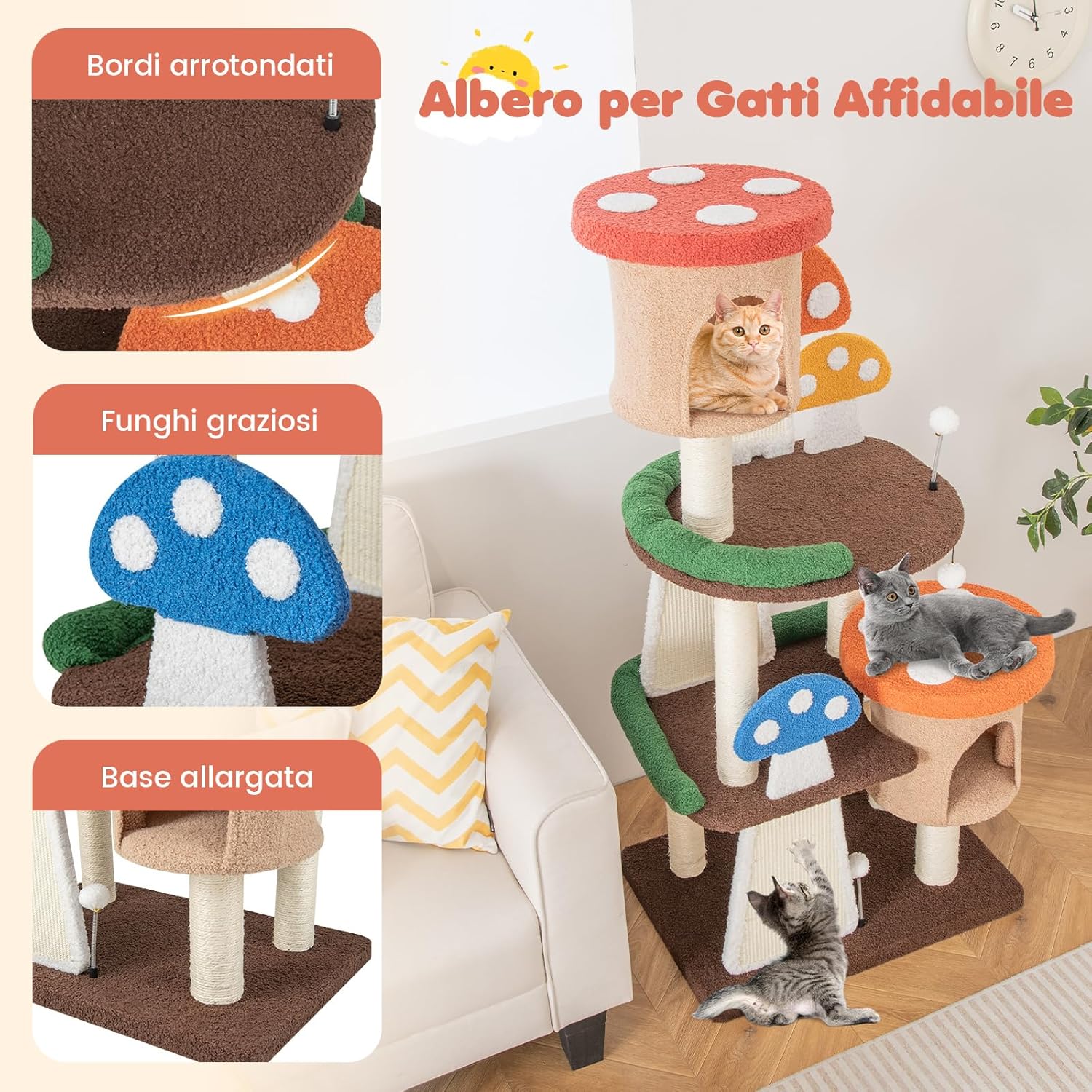 Albero per Gatti 4 in 1, Torre Multilivello per Gatti con 2 Condo e Piattaforme, Centro di Attività per Gatti con Pali e Tiragraffi in Sisal, Palline Interattive