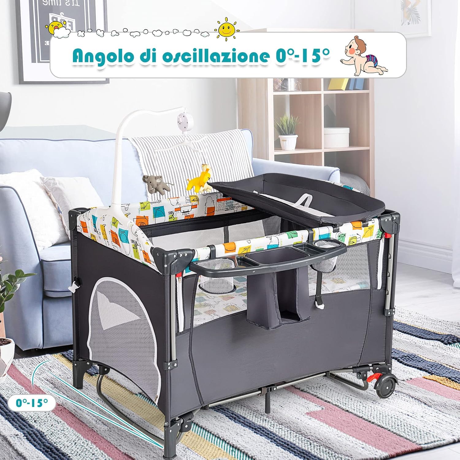 5 in 1 Lettino da Campeggio per Bambini, Lettino con Materasso per Neonato, Culla da Viaggio con Fasciatoio, Altezza Regolabile, Ruote con Freno, per Bambini 0-36 Mesi (Grigio)