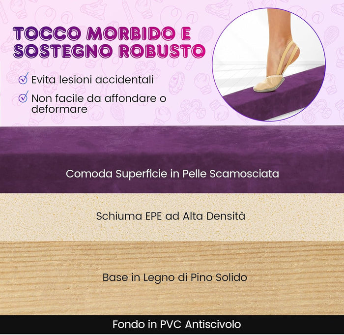 Trave Ginnastica Artistica per Casa 210/240 cm, Trave Pieghevole per Bambini con Maniglia, Base in Legno e Fondo Antiscivolo, Trave di Equilibrio da Pavimento