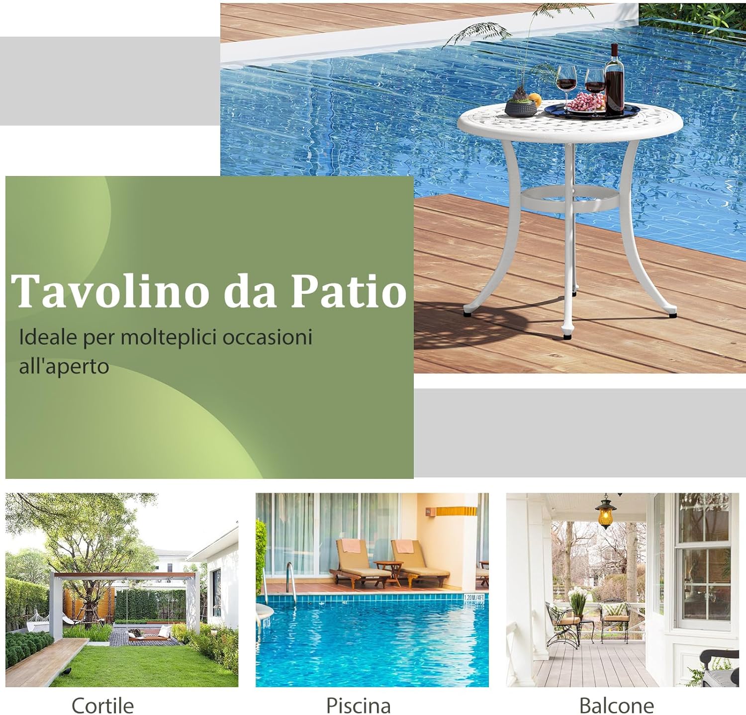 Tavolino da Giardino da 60 cm, Tavolino da Esterno in Alluminio Pressofuso con Piedini Regolabili, Tavolino in Metallo per Piscina, Terrazzo, Balcone, Porta 50 kg, 60 x 53 cm (Bianco)