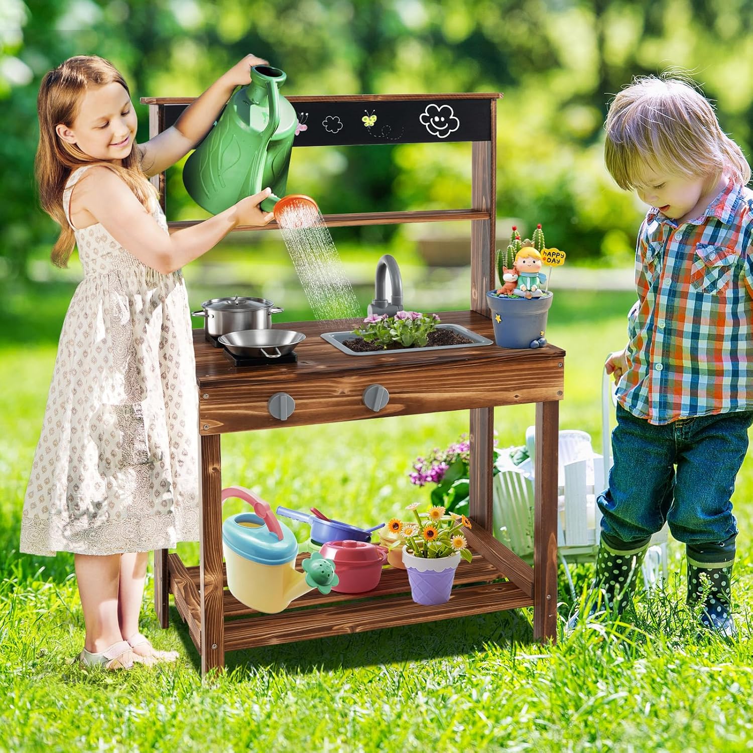 Cucina Giocattolo per Bambini, Cucina per Bambini in Abete Cinese con Rubinetto Girevole e Lavandino Rimovibile, Fornelli e Manopole, Lavagna, per Bambini 3-7 Anni