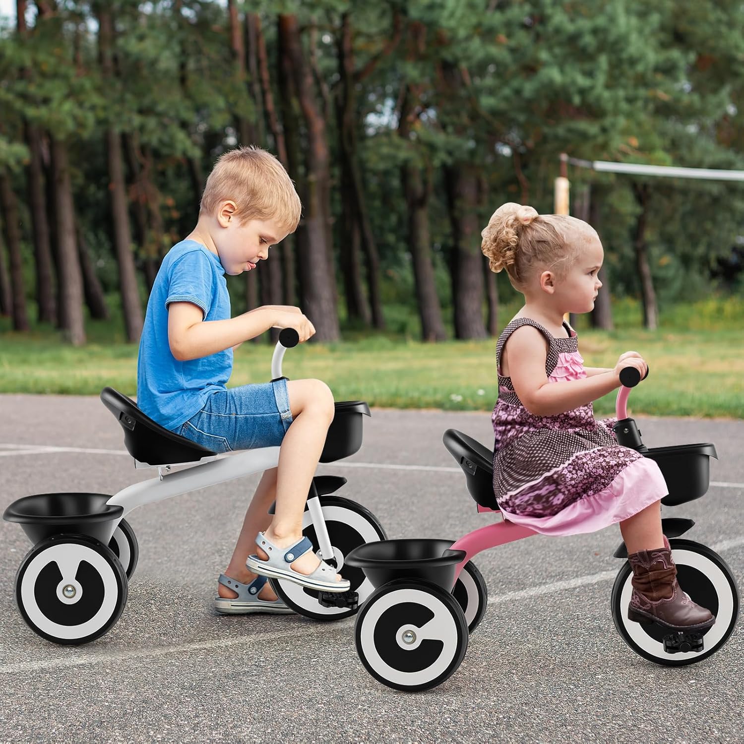 Triciclo per Bambini, Trike con Sede Regolabile Cestini Anteriori e Posteriori, Bicicletta a 3 Ruote con Telaio in Ferro Carbonioso di Alta Resistenza, per Bambini 1,5-5 Anni (Bianco)