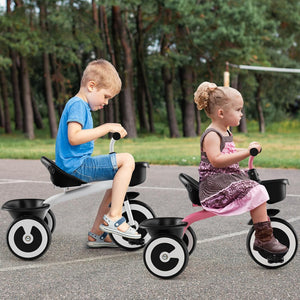 Triciclo per Bambini, Trike con Sede Regolabile Cestini Anteriori e Posteriori, Bicicletta a 3 Ruote con Telaio in Ferro Carbonioso di Alta Resistenza, per Bambini 1,5-5 Anni (Bianco)
