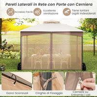 Gazebo da Giardino 3 x 3,6 m, Gazebo con Zanzariera a Doppia Copertura con Sacchetti di Sabbia e Picchetti a Terra, Tenda Impermeabile con Struttura in Metallo per Prato (Kaki)