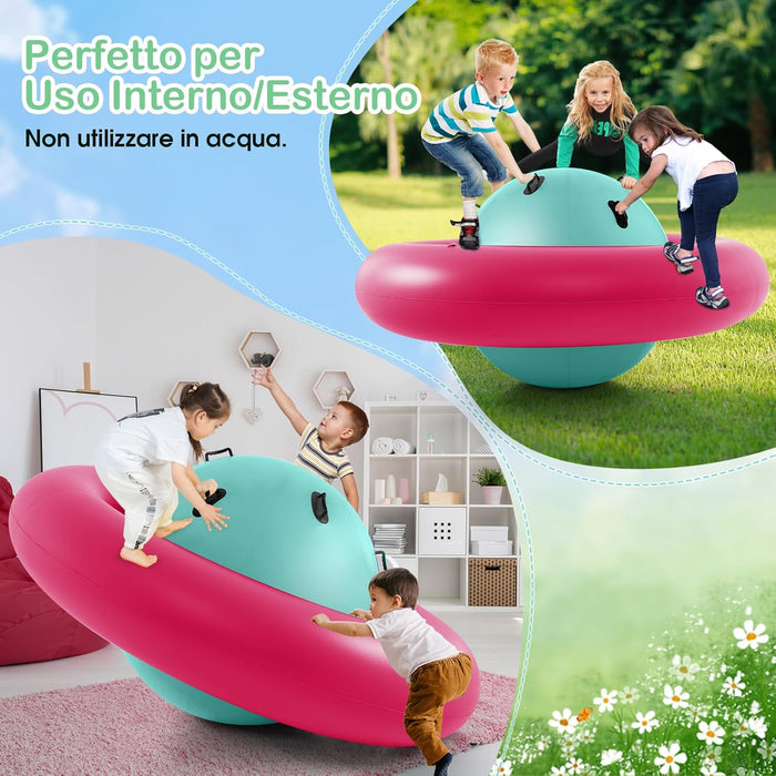 Giostra Gonfiabile a Pianeta per Bambini da 223CM per Inclinare, Arrampicarsi e Saltare con 6 Maniglie Incorporate, Giocattolo Spaziale per Esterno per Bambini dai 5 Anni+ (Rosa+Verde)