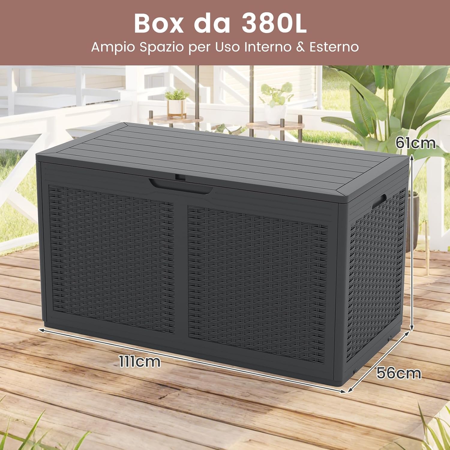 Baule da Esterno 380 L Impermeabile, Cassapanca Contenitore in Rattan con Coperchio Bloccabile e Ruote, Baule Salvaspazio per Mantenere Cuscini e Attrezzi da Interno e Esterno (Grigio)