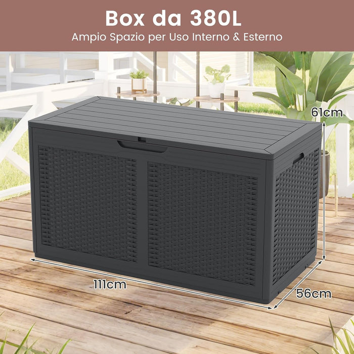 Baule da Esterno 380 L Impermeabile, Cassapanca Contenitore in Rattan con Coperchio Bloccabile e Ruote, Baule Salvaspazio per Mantenere Cuscini e Attrezzi da Interno e Esterno (Grigio)