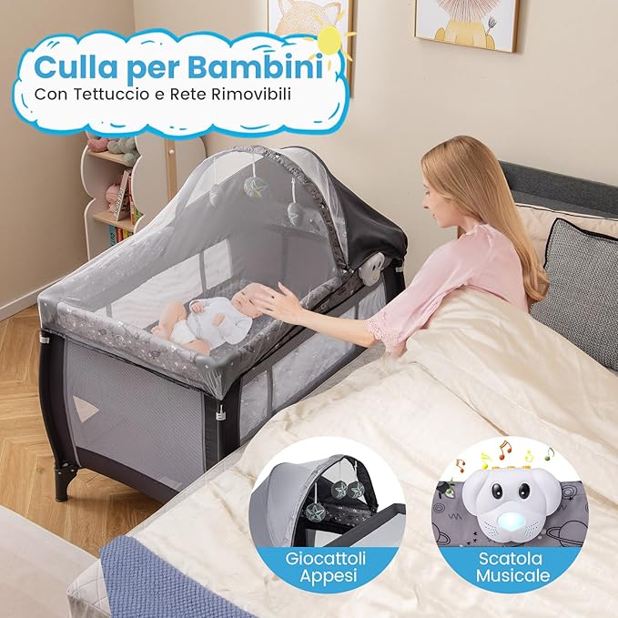 3-in-1 Lettino da Campeggio per Bambini, Lettino Portatile per Neonati con Fasciatoio, Culla Pieghevole con Materasso e Borsa da Trasporto, 2 Ruote Bloccabili, per Bambini 0-36 Mesi